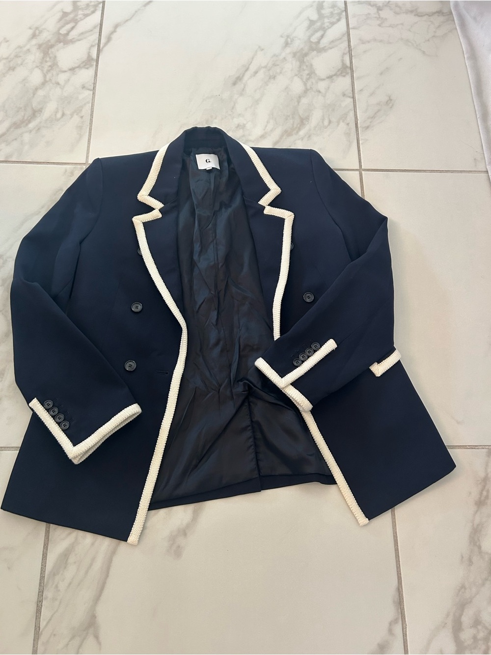 Women's Navy Blazer with Cream Trim - Tailored Double-Breasted Jacket